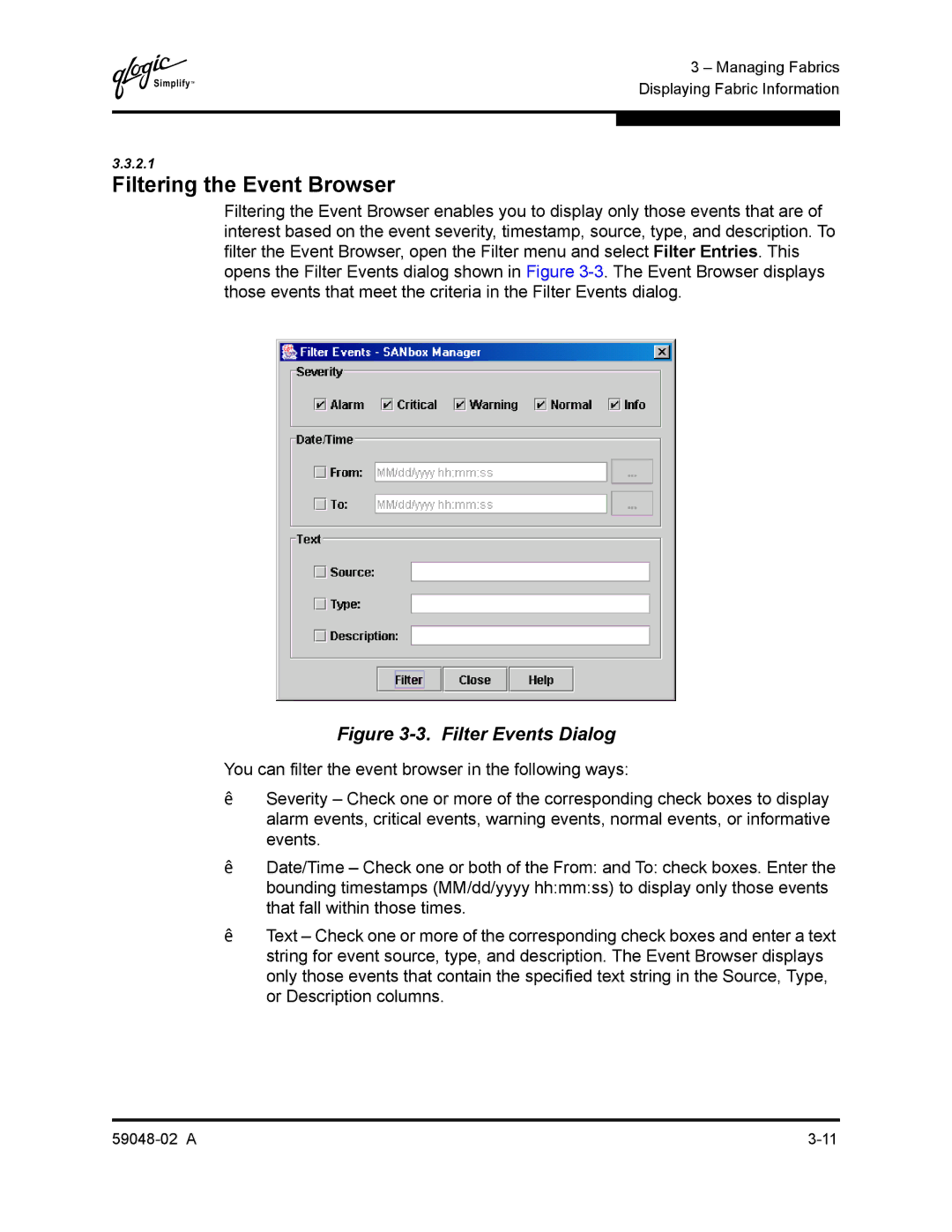 Q-Logic 59048-02 A manual Filtering the Event Browser, Filter Events Dialog 