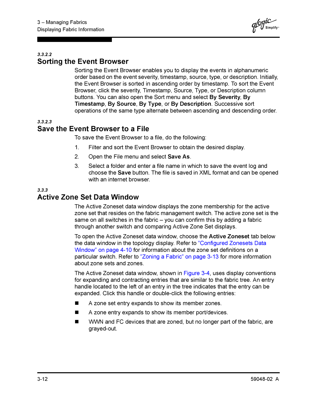 Q-Logic 59048-02 A manual Sorting the Event Browser, Save the Event Browser to a File, Active Zone Set Data Window 
