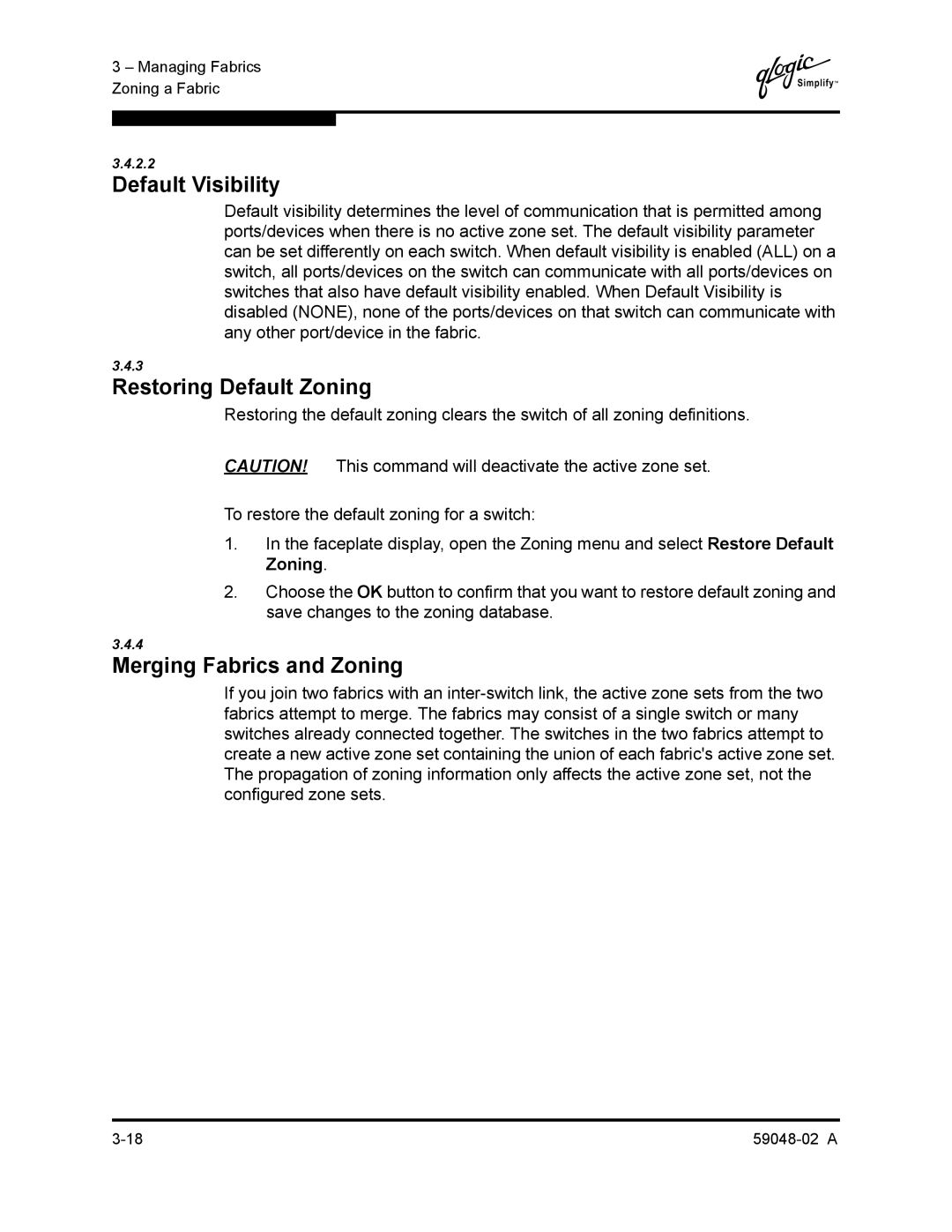 Q-Logic 59048-02 A manual Default Visibility, Restoring Default Zoning, Merging Fabrics and Zoning 