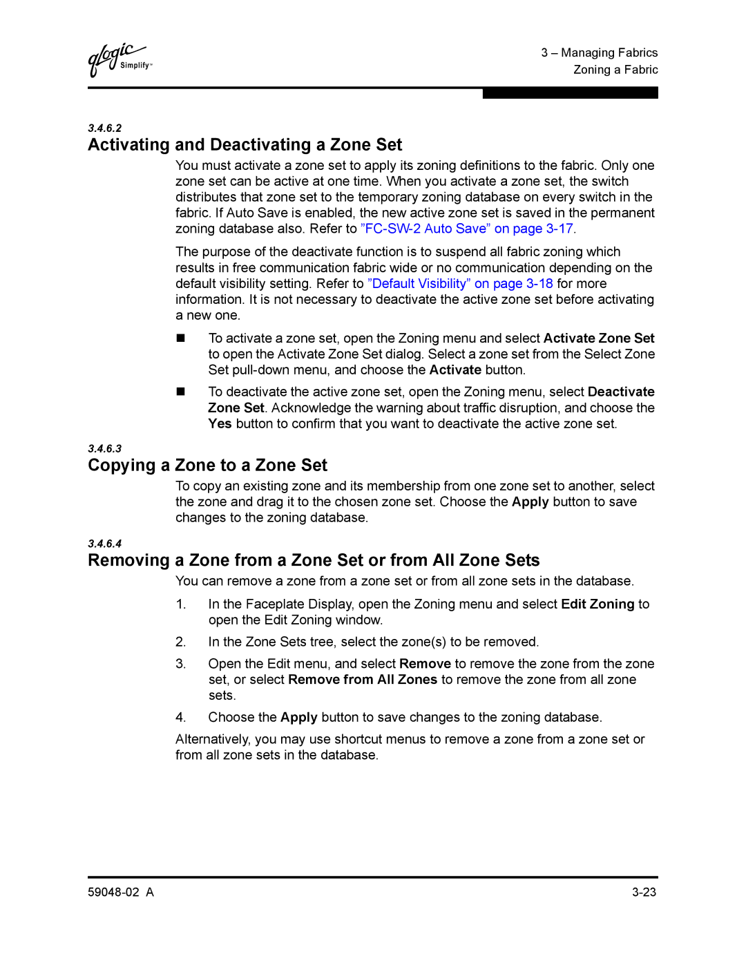 Q-Logic 59048-02 A manual Activating and Deactivating a Zone Set, Copying a Zone to a Zone Set 