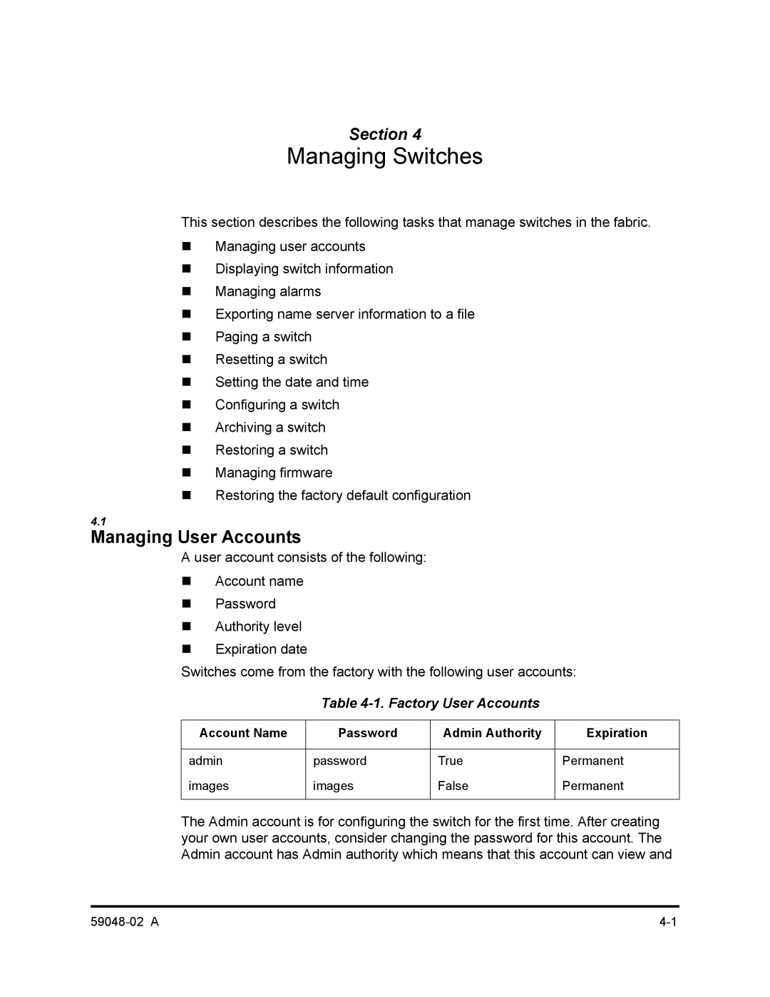 Q-Logic 59048-02 A manual Managing User Accounts, Factory User Accounts 