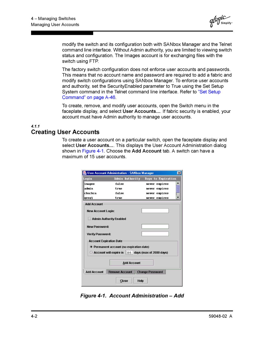 Q-Logic 59048-02 A manual Creating User Accounts, Account Administration Add 