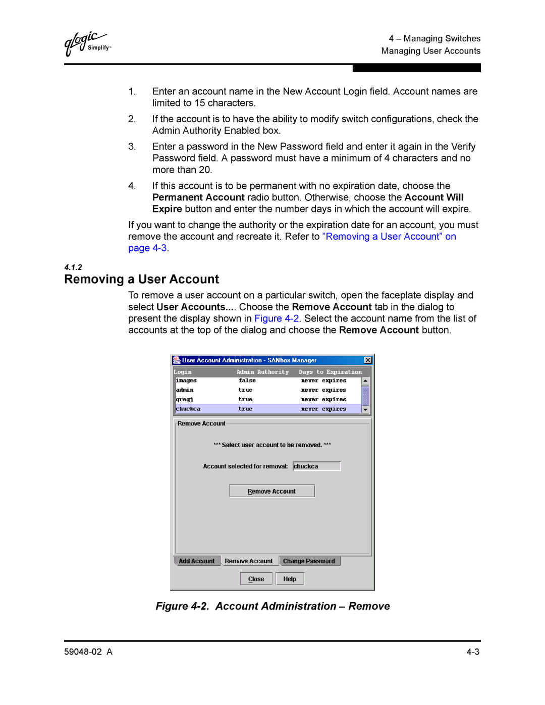 Q-Logic 59048-02 A manual Removing a User Account, Account Administration Remove 