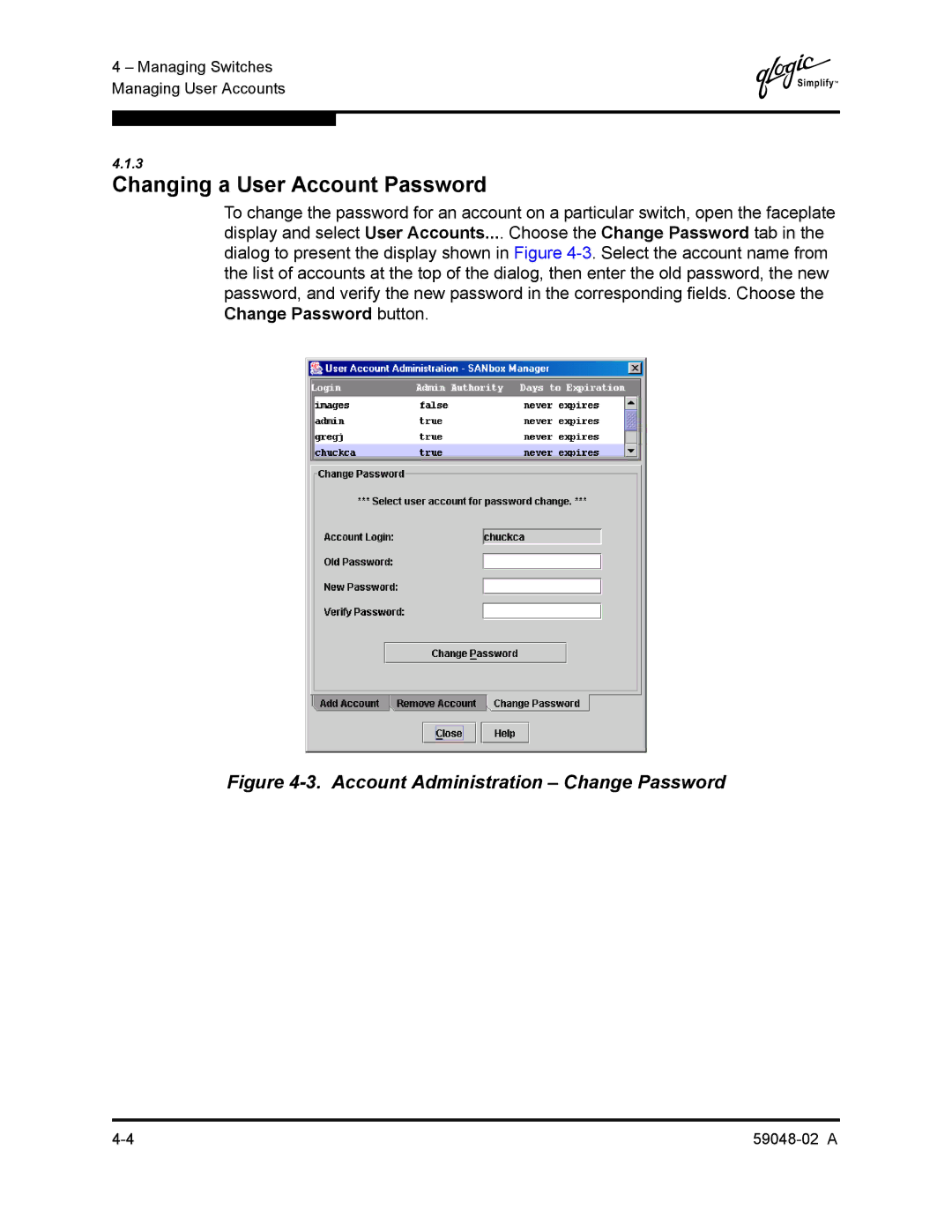 Q-Logic 59048-02 A manual Changing a User Account Password, Account Administration Change Password 