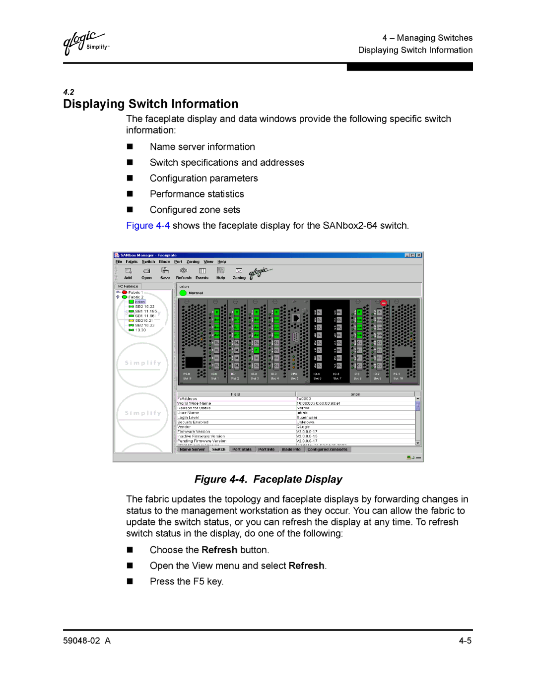 Q-Logic 59048-02 A manual Displaying Switch Information, 4shows the faceplate display for the SANbox2-64 switch 