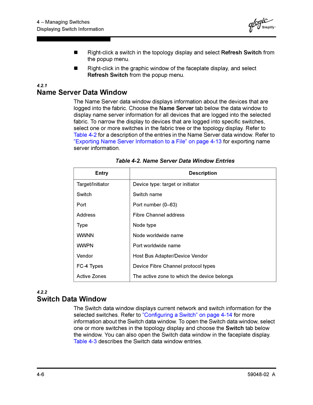 Q-Logic 59048-02 A manual Switch Data Window, Name Server Data Window Entries 