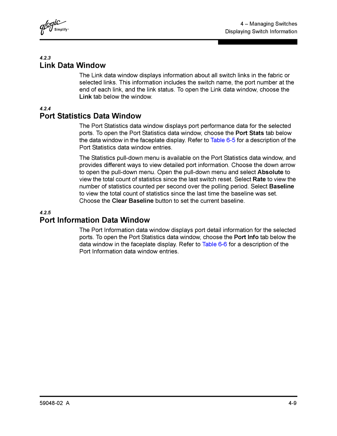 Q-Logic 59048-02 A manual Link Data Window, Port Statistics Data Window, Port Information Data Window 