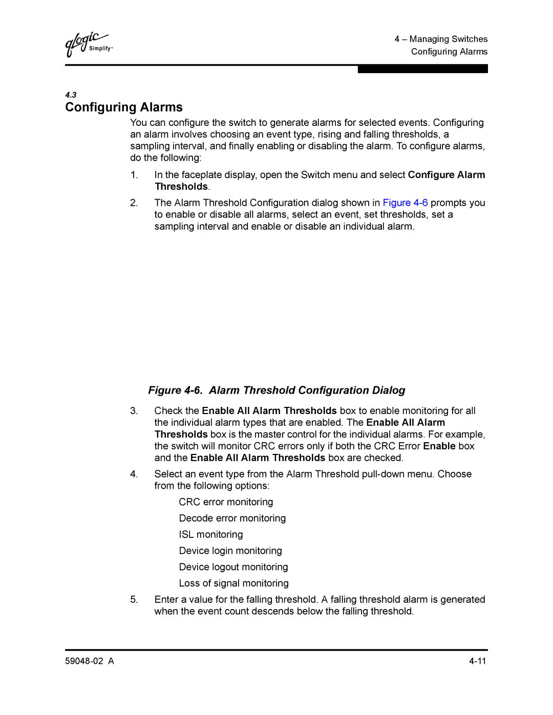 Q-Logic 59048-02 A manual Configuring Alarms, Alarm Threshold Configuration Dialog 