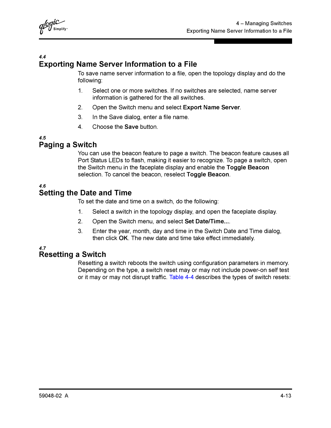 Q-Logic 59048-02 A manual Exporting Name Server Information to a File, Paging a Switch, Setting the Date and Time 