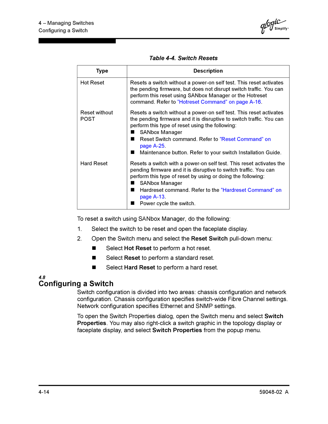 Q-Logic 59048-02 A manual Configuring a Switch, Switch Resets 