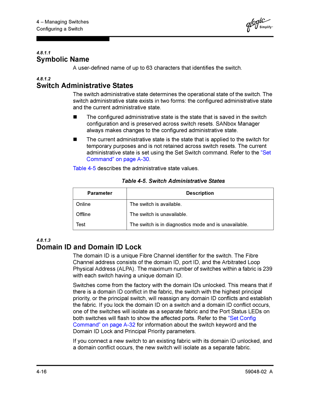 Q-Logic 59048-02 A manual Symbolic Name, Switch Administrative States, Domain ID and Domain ID Lock 