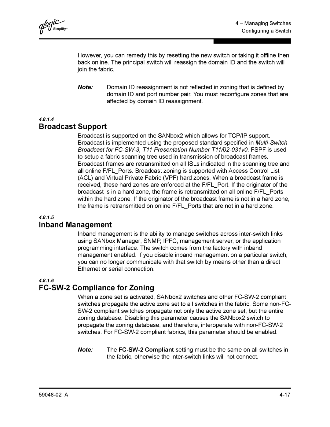 Q-Logic 59048-02 A manual Broadcast Support, FC-SW-2 Compliance for Zoning 