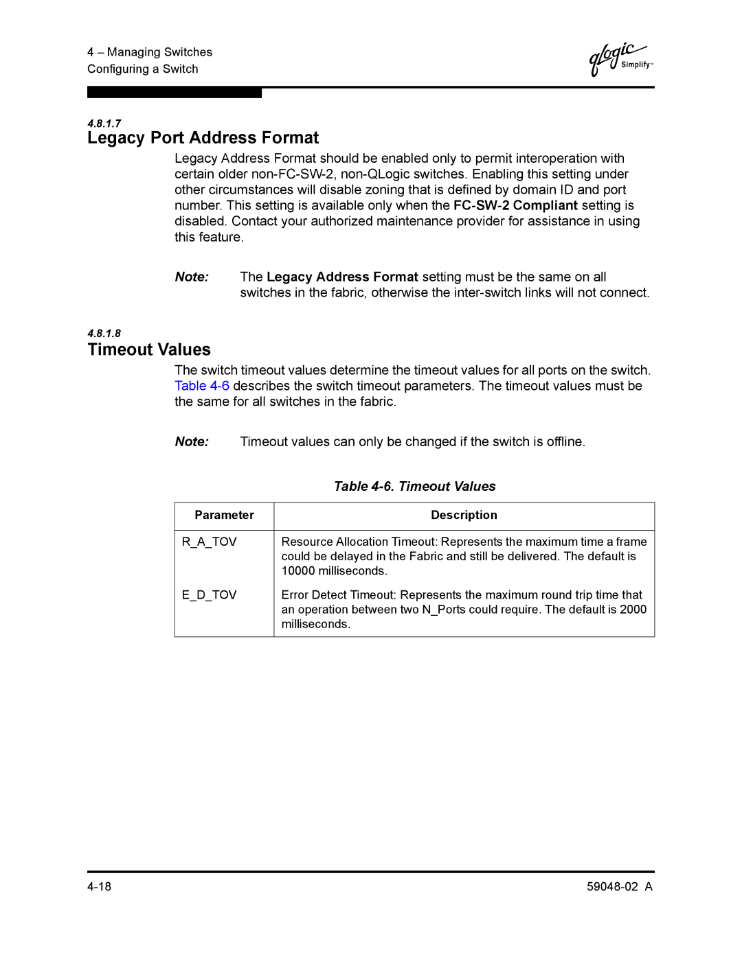 Q-Logic 59048-02 A manual Legacy Port Address Format, Timeout Values 