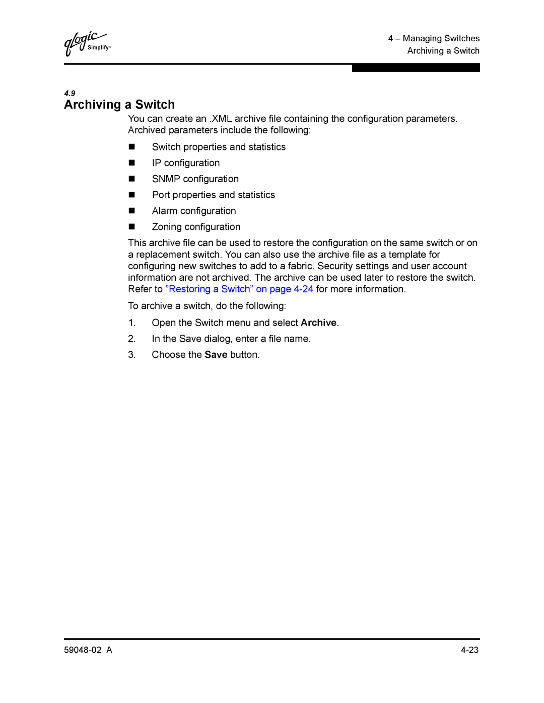 Q-Logic 59048-02 A manual Archiving a Switch 