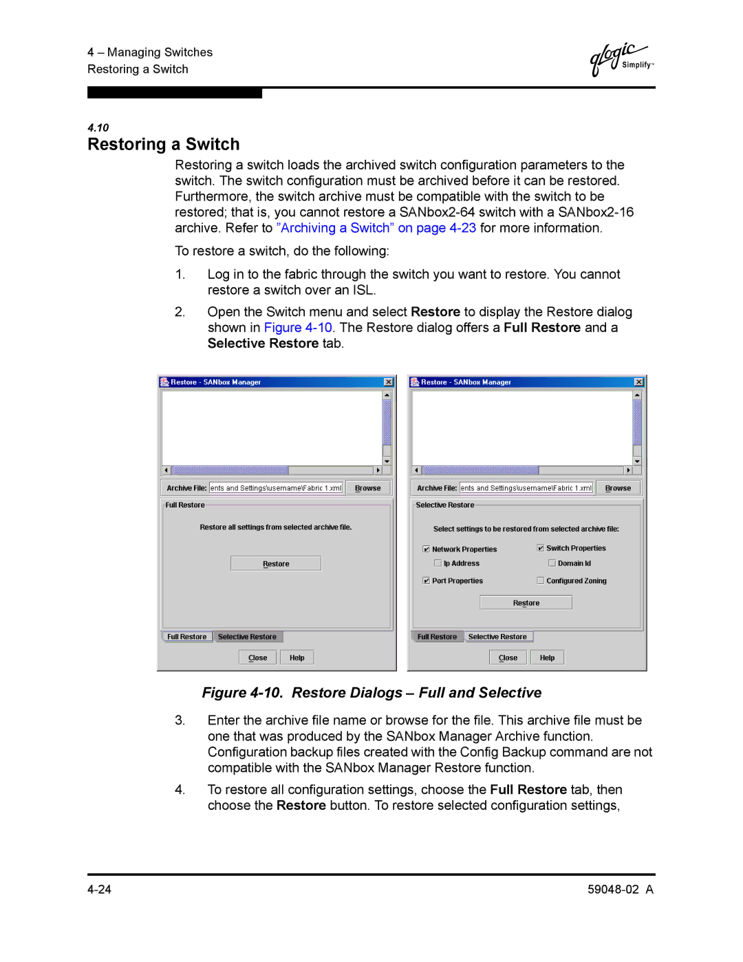 Q-Logic 59048-02 A manual Restoring a Switch, Restore Dialogs Full and Selective 