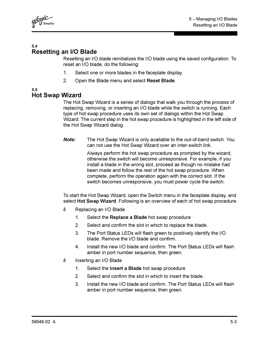 Q-Logic 59048-02 A manual Resetting an I/O Blade, Hot Swap Wizard 