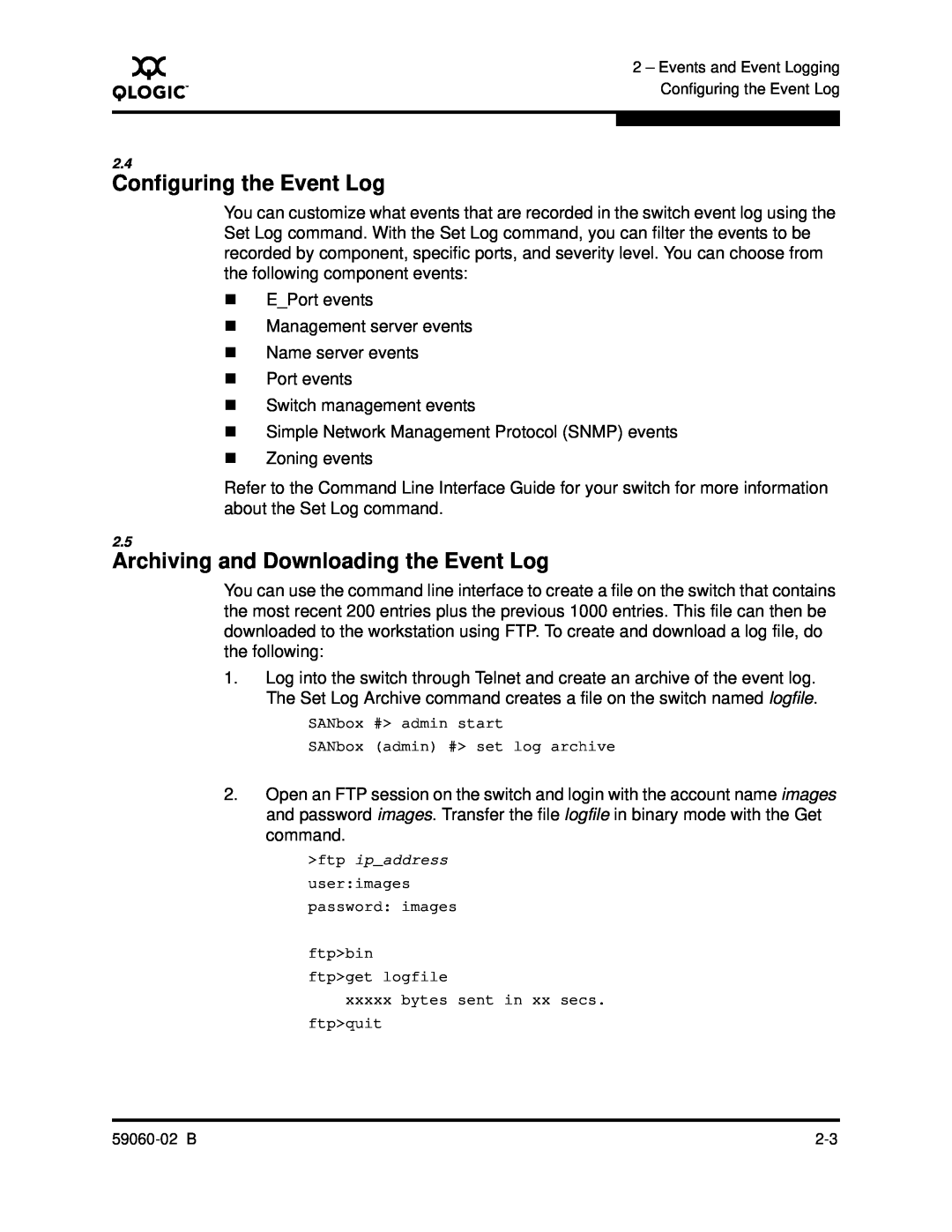 Q-Logic 59060-02 B manual Configuring the Event Log, Archiving and Downloading the Event Log 