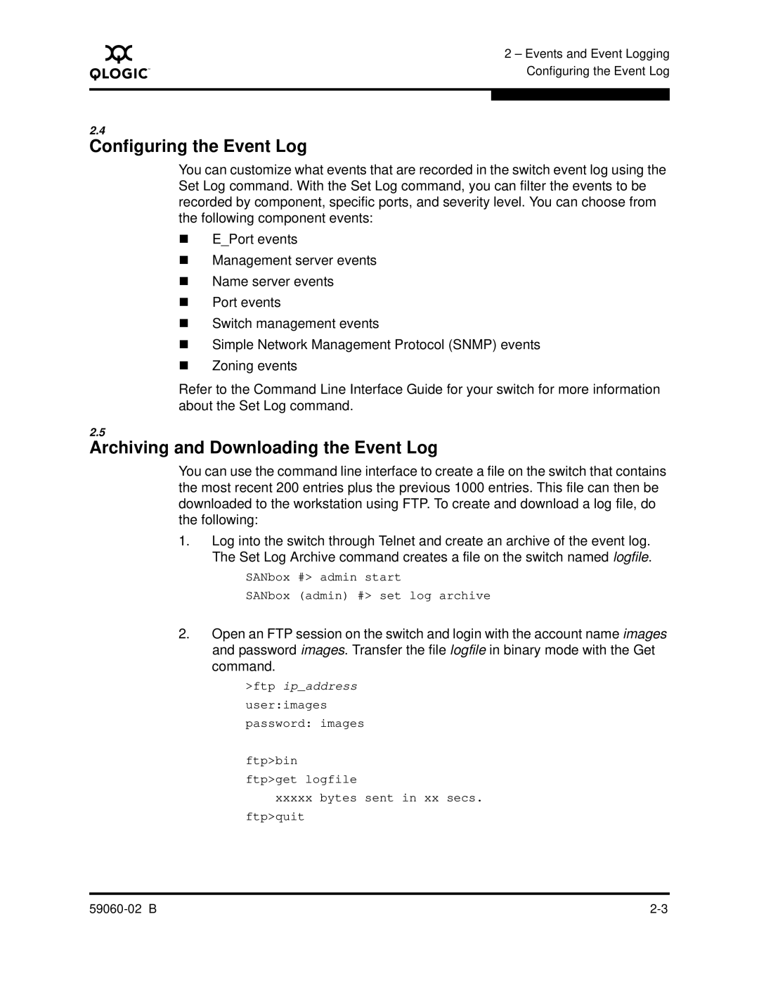 Q-Logic 59060-02 B manual Configuring the Event Log, Archiving and Downloading the Event Log 