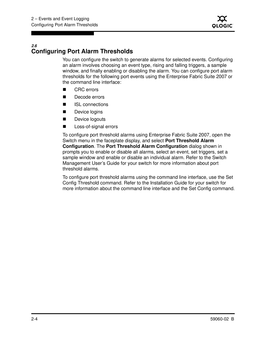 Q-Logic 59060-02 B manual Configuring Port Alarm Thresholds 