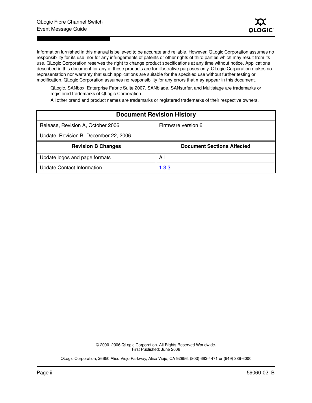 Q-Logic 59060-02 B manual Document Revision History 