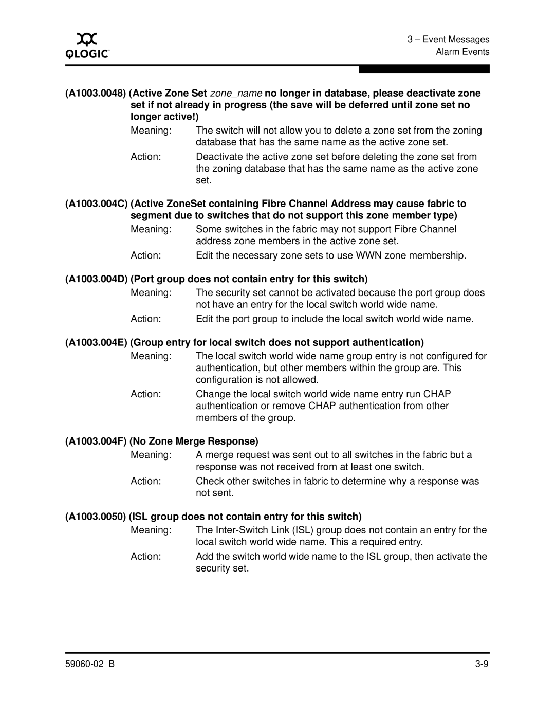 Q-Logic 59060-02 B manual A1003.004F No Zone Merge Response, A1003.0050 ISL group does not contain entry for this switch 