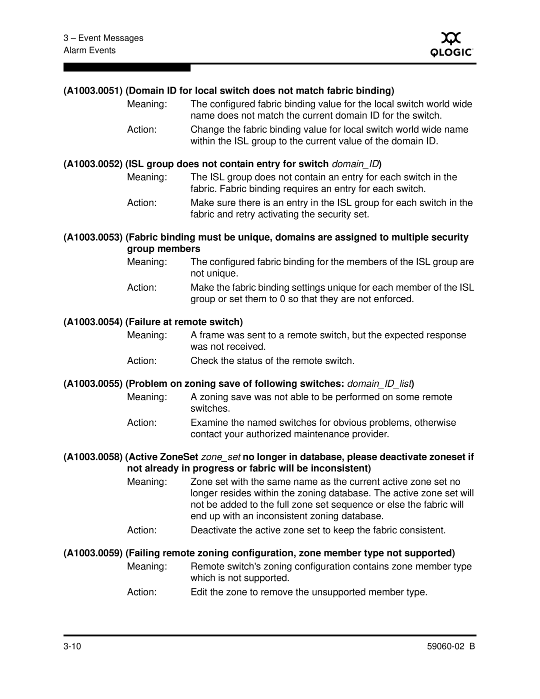 Q-Logic 59060-02 B manual A1003.0054 Failure at remote switch 