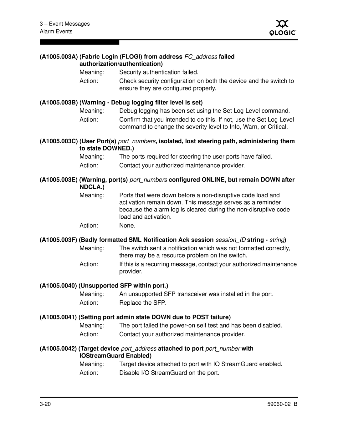 Q-Logic 59060-02 B manual A1005.003B Warning Debug logging filter level is set, A1005.0040 Unsupported SFP within port 