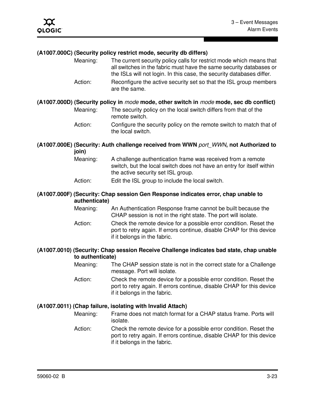 Q-Logic 59060-02 B manual A1007.0011 Chap failure, isolating with Invalid Attach 