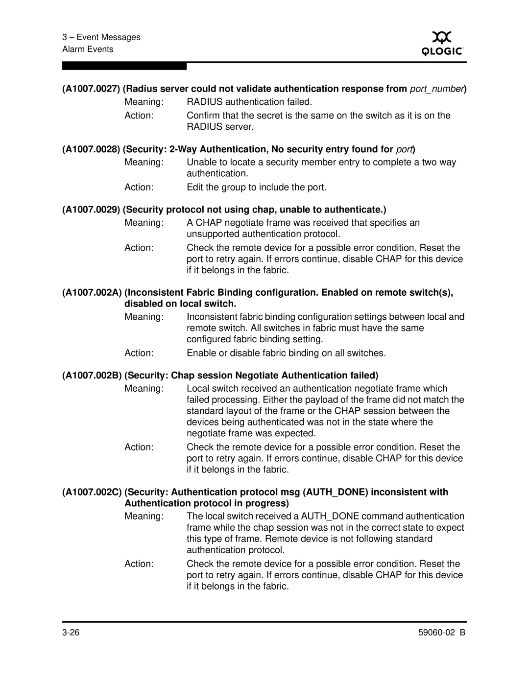 Q-Logic 59060-02 B manual Meaning Radius authentication failed Action 