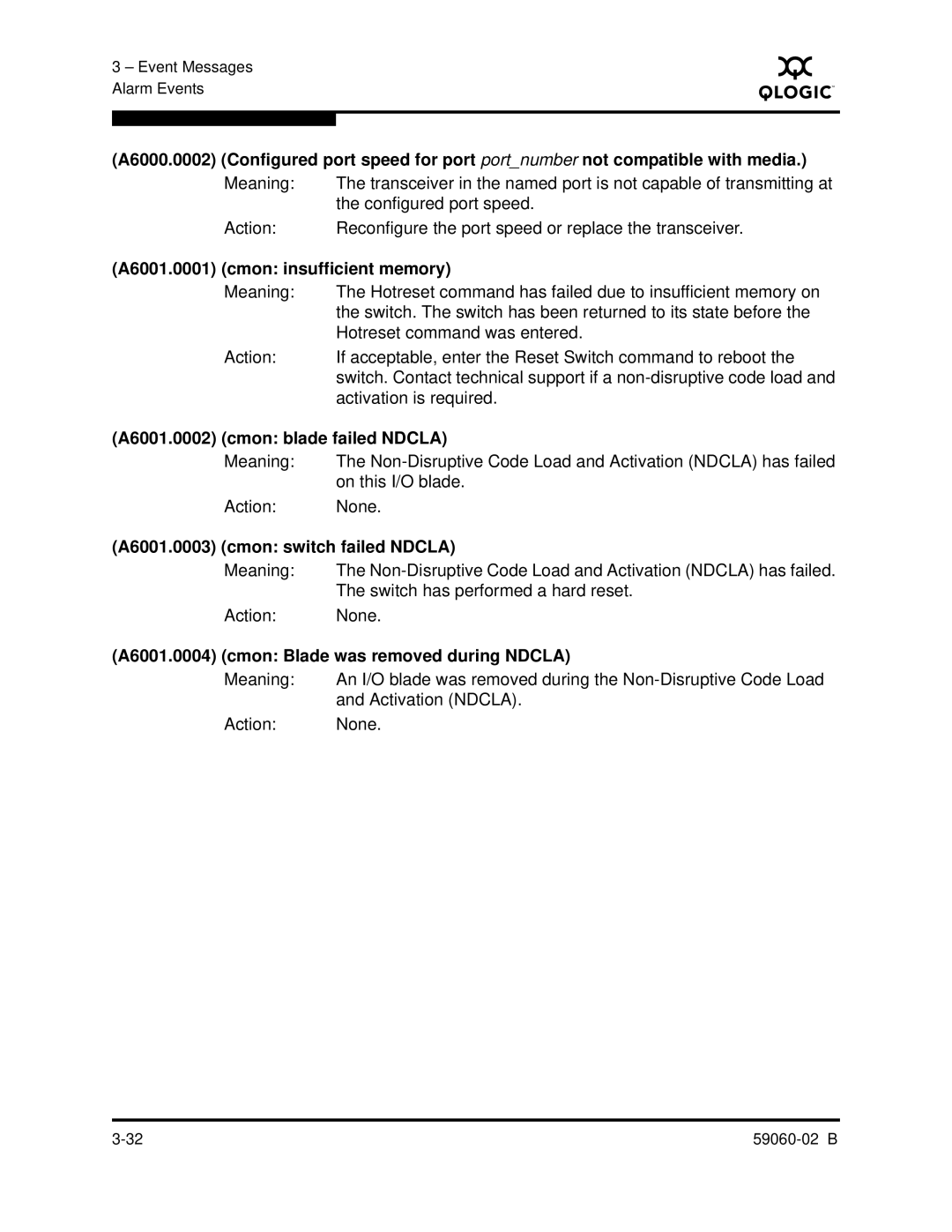 Q-Logic 59060-02 B manual A6001.0001 cmon insufficient memory, A6001.0002 cmon blade failed Ndcla 