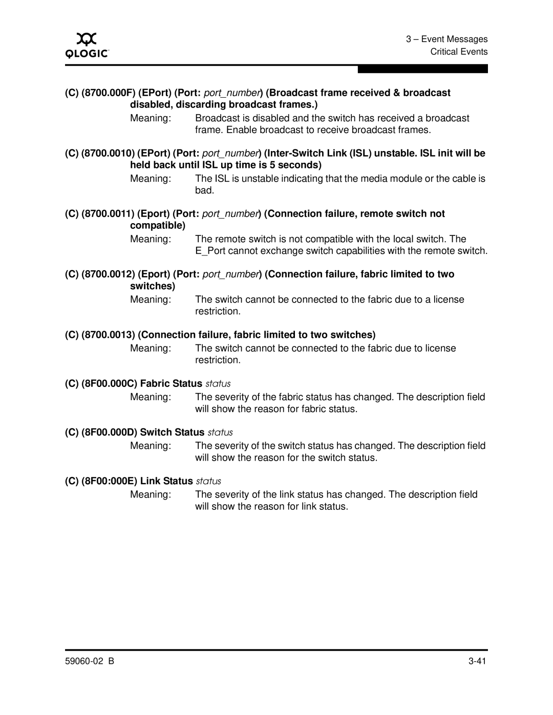 Q-Logic 59060-02 B manual Connection failure, fabric limited to two switches, 8F00.000C Fabric Status status 