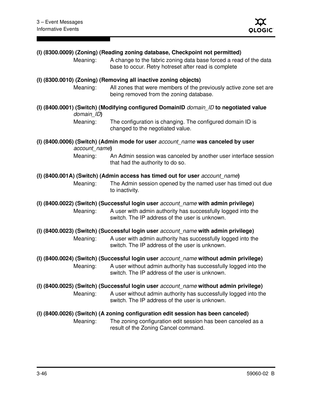 Q-Logic 59060-02 B Zoning Reading zoning database, Checkpoint not permitted, Zoning Removing all inactive zoning objects 