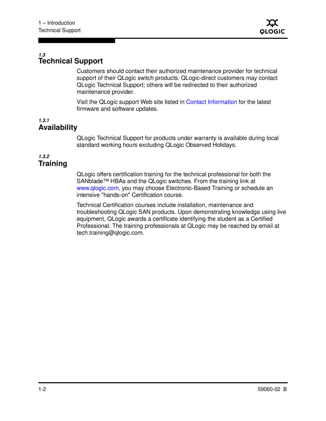 Q-Logic 59060-02 B manual Technical Support, Availability, Training 