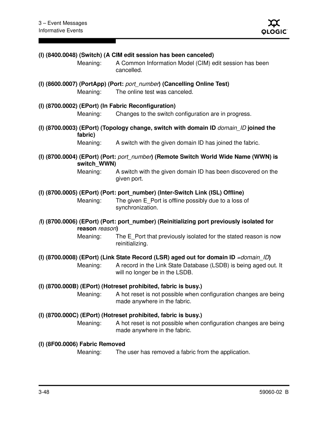 Q-Logic 59060-02 B manual Switch a CIM edit session has been canceled, PortApp Port portnumber Cancelling Online Test 