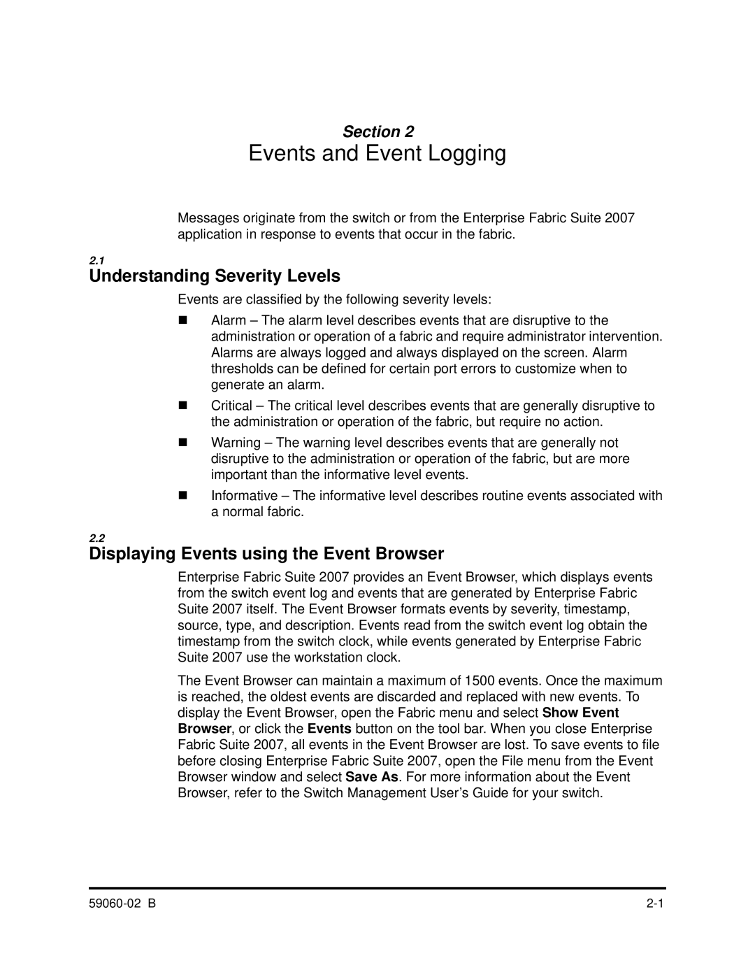 Q-Logic 59060-02 B manual Understanding Severity Levels, Displaying Events using the Event Browser 