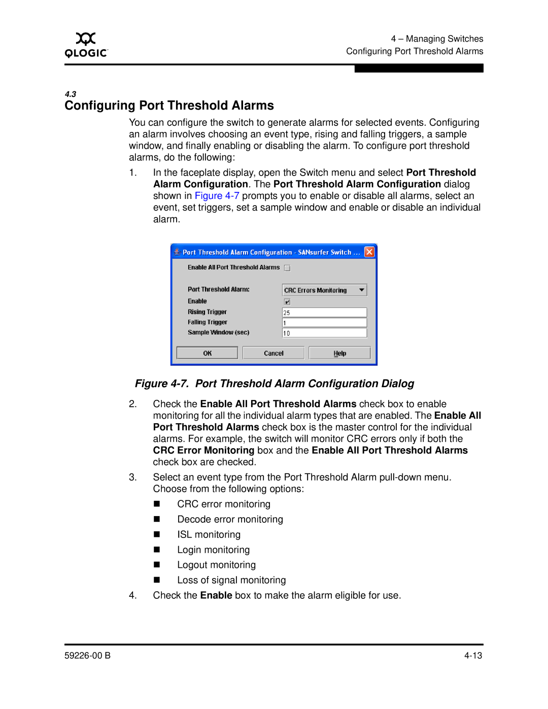 Q-Logic 59226-00 B manual Configuring Port Threshold Alarms, Port Threshold Alarm Configuration Dialog 