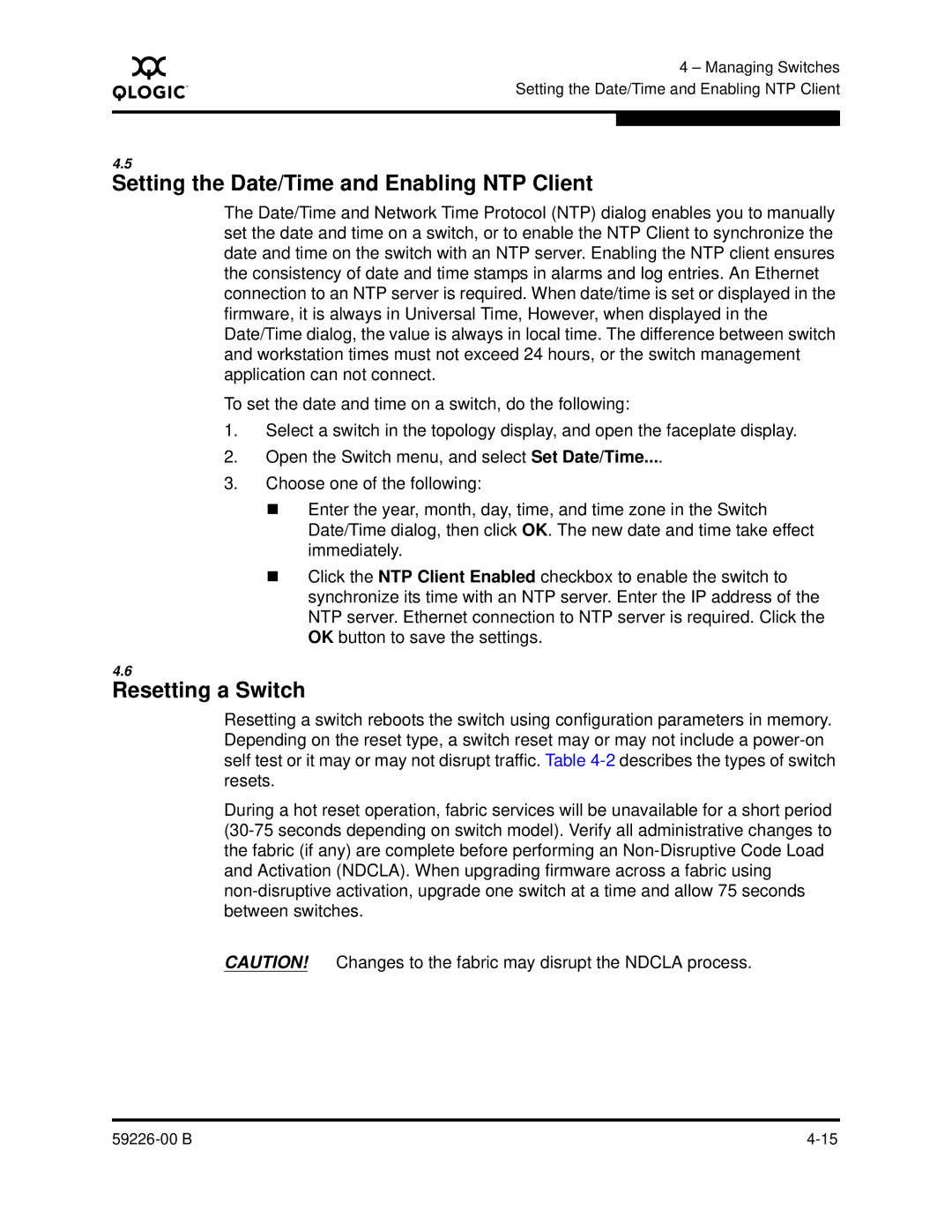 Q-Logic 59226-00 B manual Setting the Date/Time and Enabling NTP Client, Resetting a Switch 