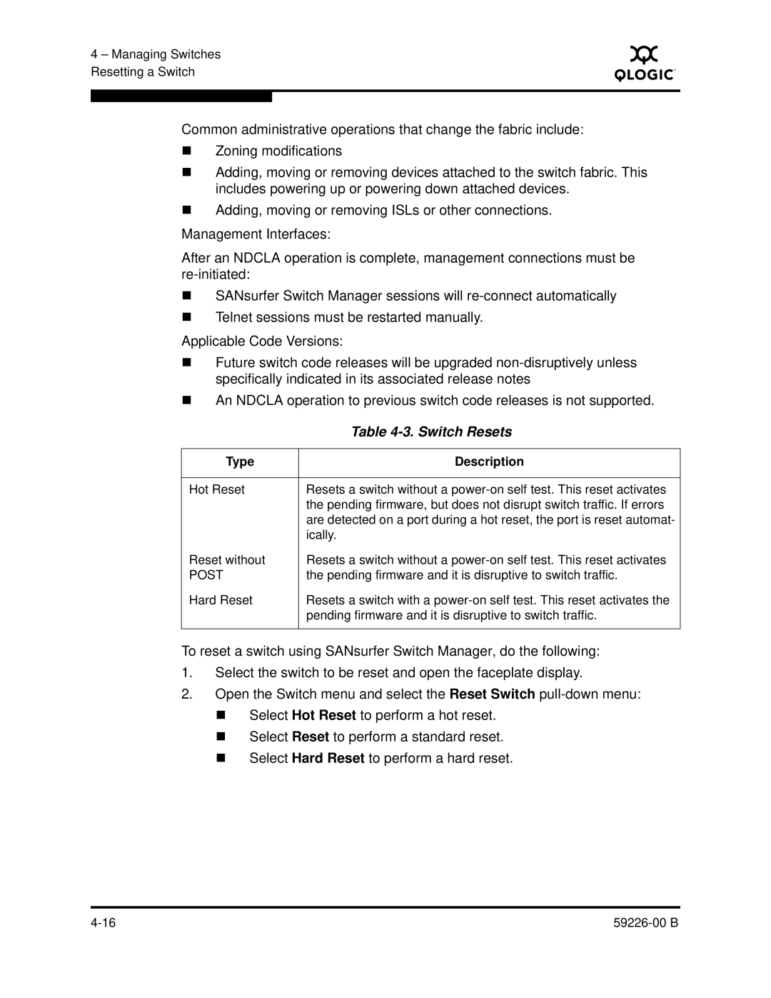 Q-Logic 59226-00 B manual Switch Resets, Type Description 