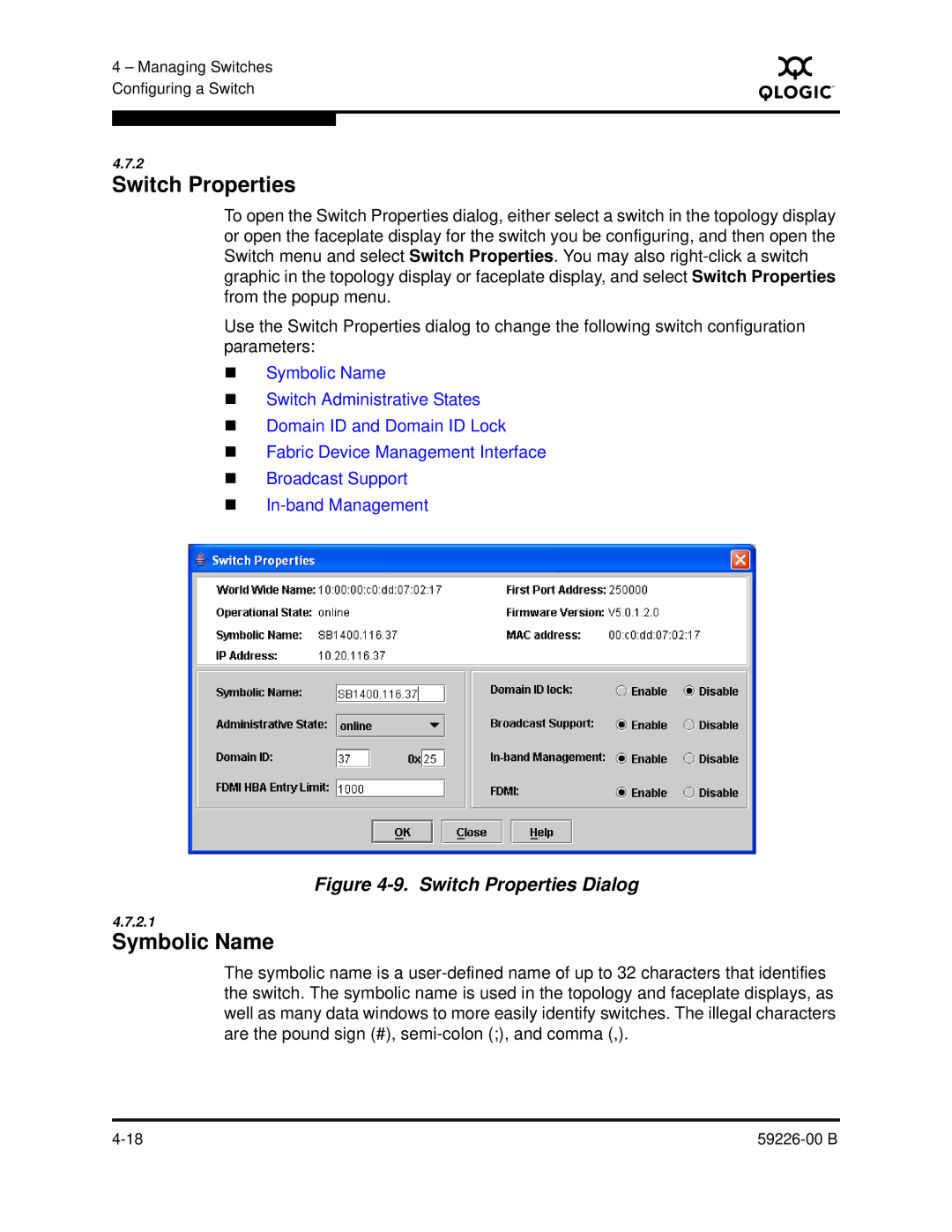 Q-Logic 59226-00 B manual Switch Properties, Symbolic Name 