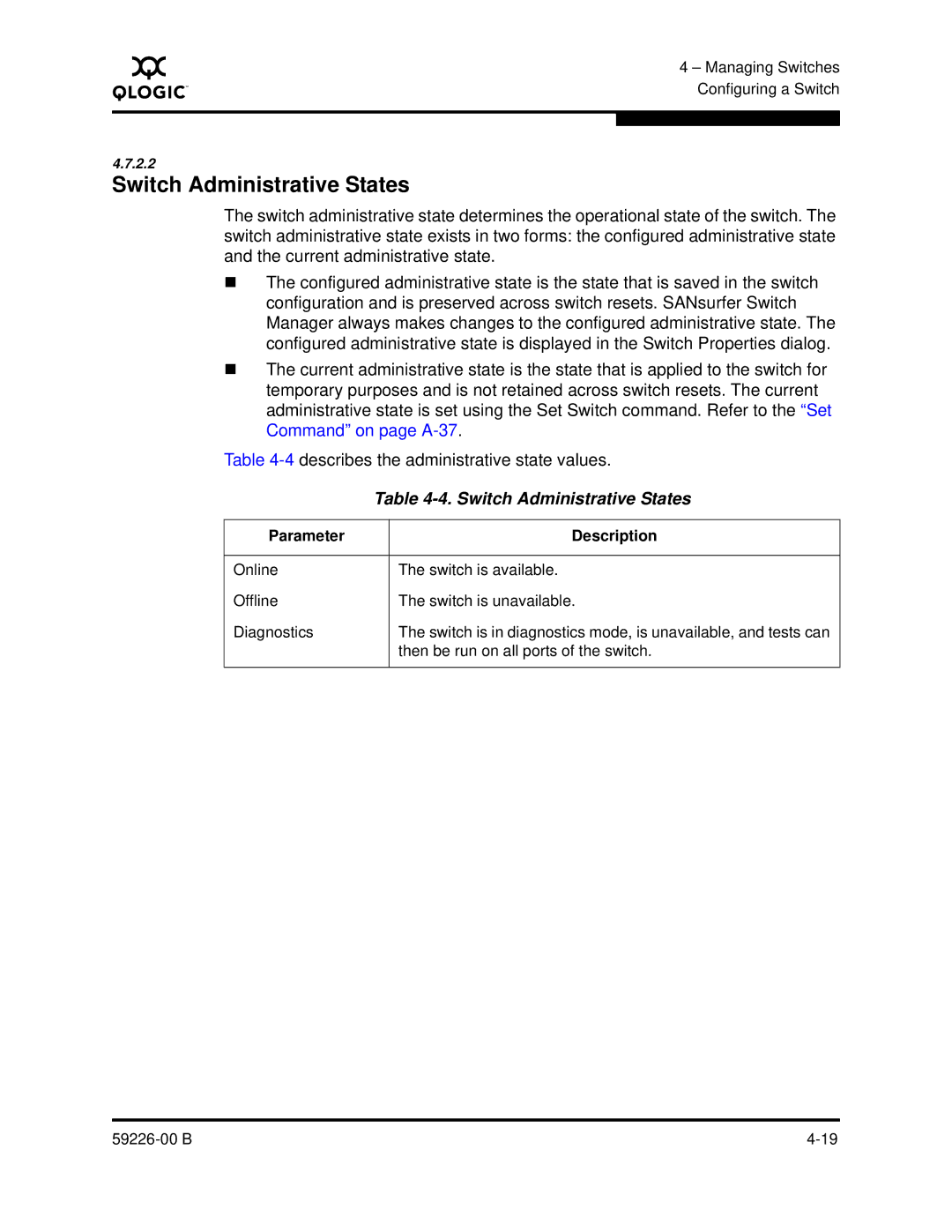 Q-Logic 59226-00 B manual Switch Administrative States, Parameter Description 