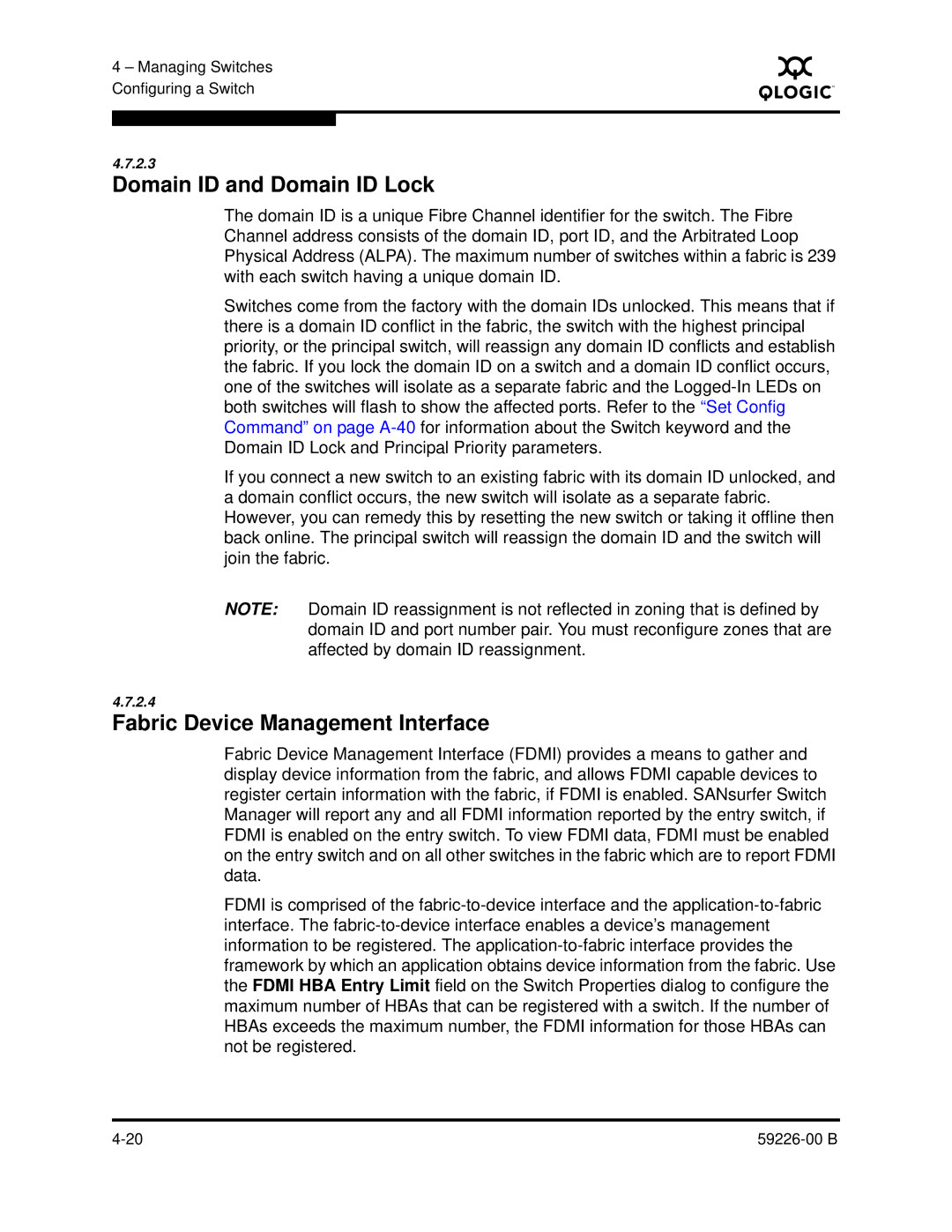 Q-Logic 59226-00 B manual Domain ID and Domain ID Lock, Fabric Device Management Interface 