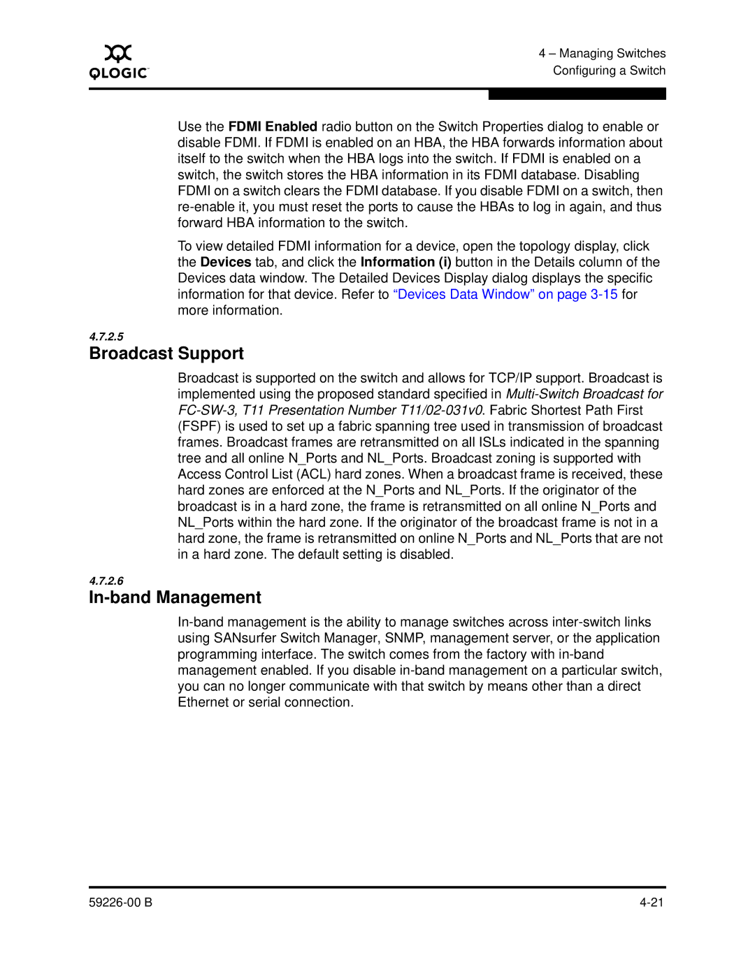 Q-Logic 59226-00 B manual Broadcast Support, In-band Management 