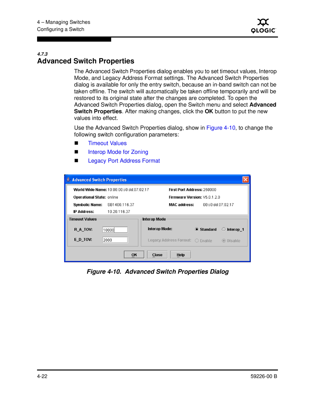 Q-Logic 59226-00 B manual Advanced Switch Properties Dialog 