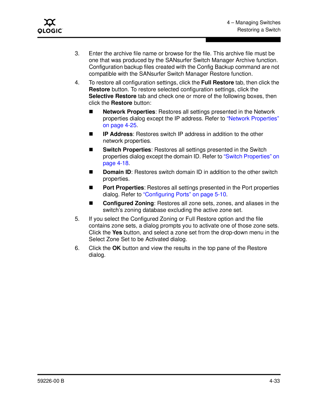 Q-Logic 59226-00 B manual Managing Switches Restoring a Switch 