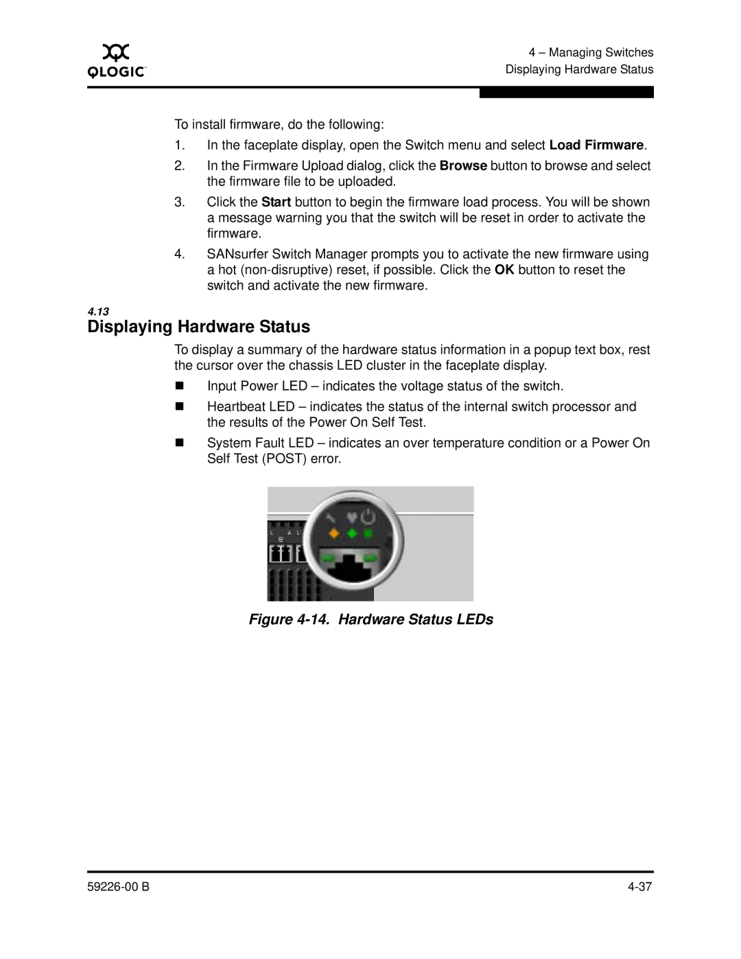 Q-Logic 59226-00 B manual Displaying Hardware Status, Hardware Status LEDs 