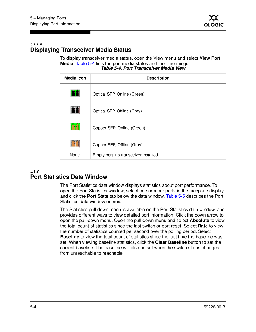 Q-Logic 59226-00 B manual Displaying Transceiver Media Status, Port Transceiver Media View, Media Icon Description 