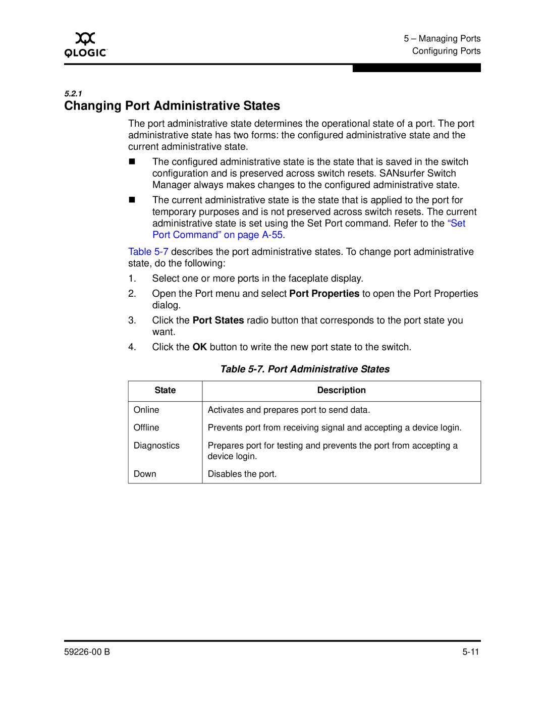 Q-Logic 59226-00 B manual Changing Port Administrative States 