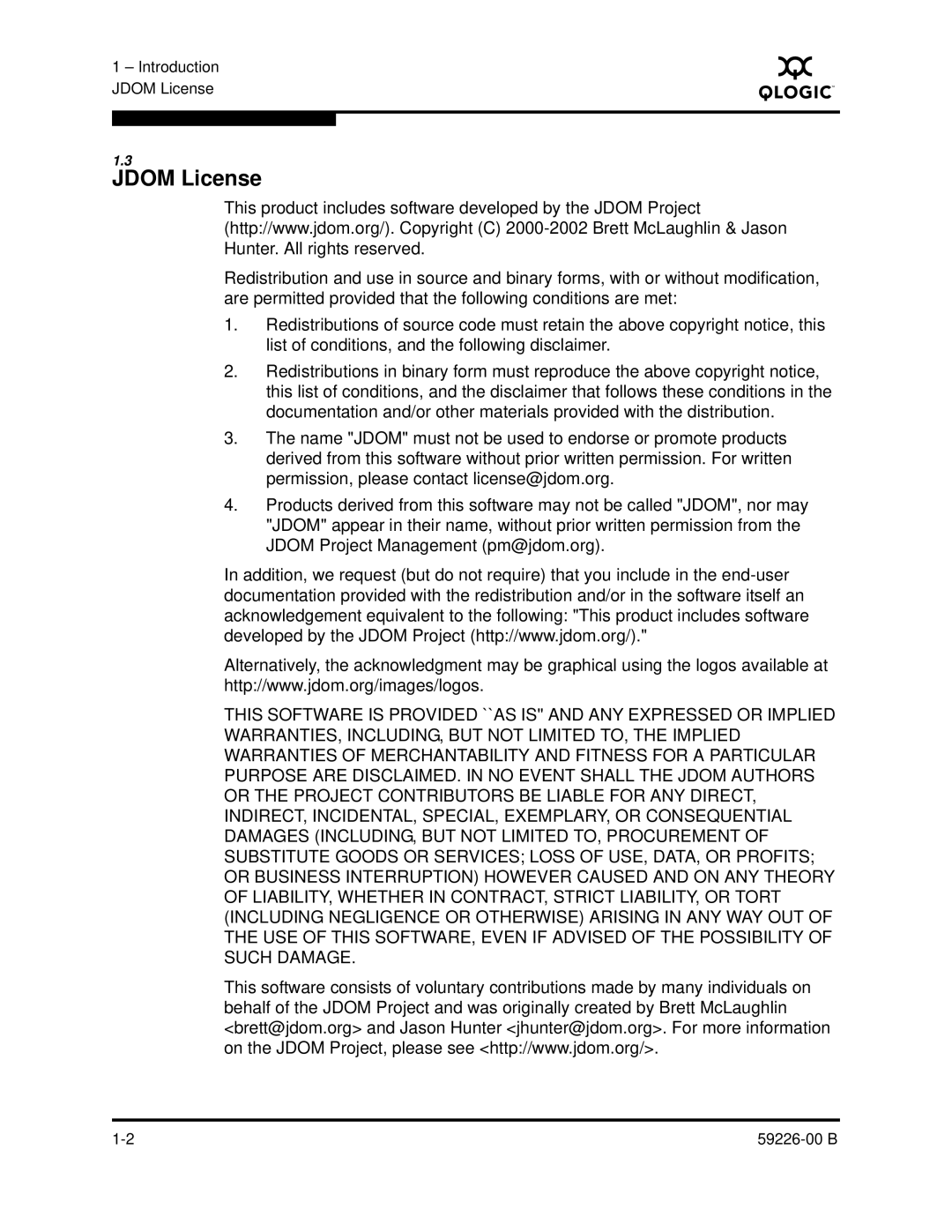 Q-Logic 59226-00 B manual Jdom License 