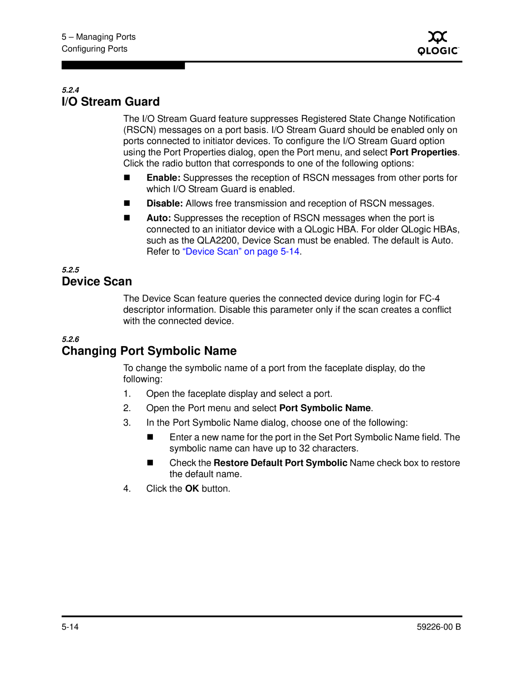 Q-Logic 59226-00 B manual Stream Guard, Device Scan, Changing Port Symbolic Name 