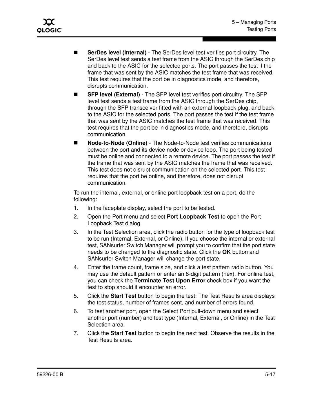 Q-Logic 59226-00 B manual Managing Ports Testing Ports 